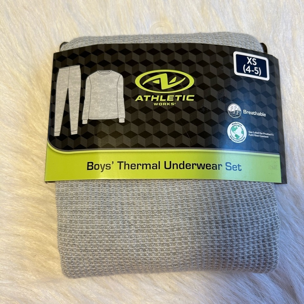 Athletic Works Thermal Underwear Set Boy's Size XS (4-5) Grey Waffle Pajamas Set